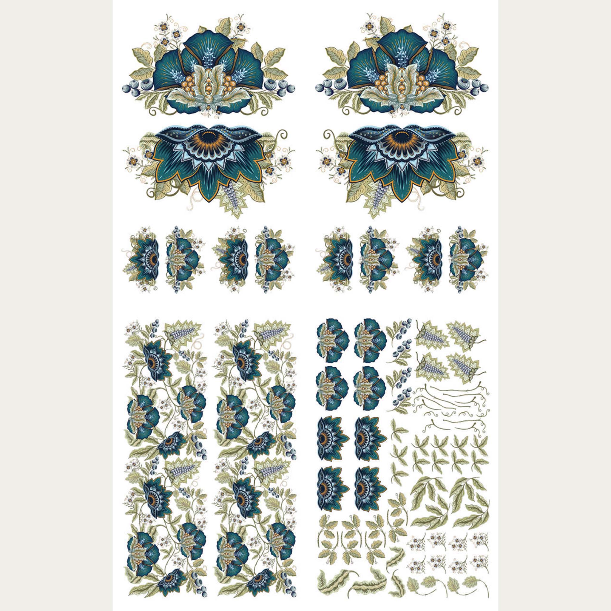Rub-on transfer that features multiple sizes of teal lotuses with muted green vines is on a white background.