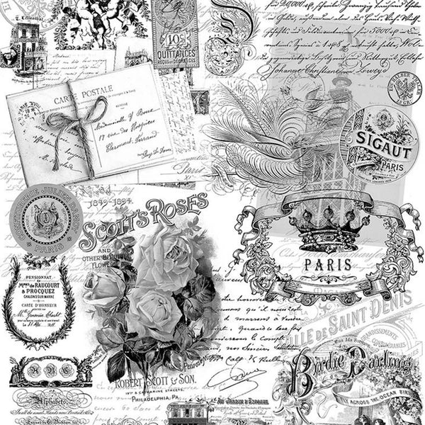 A rub-on transfer of various black and white vintage post card designs.