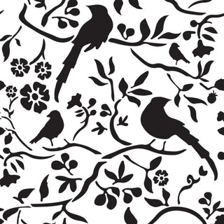 A stencil of small birds on branches with flowers.
