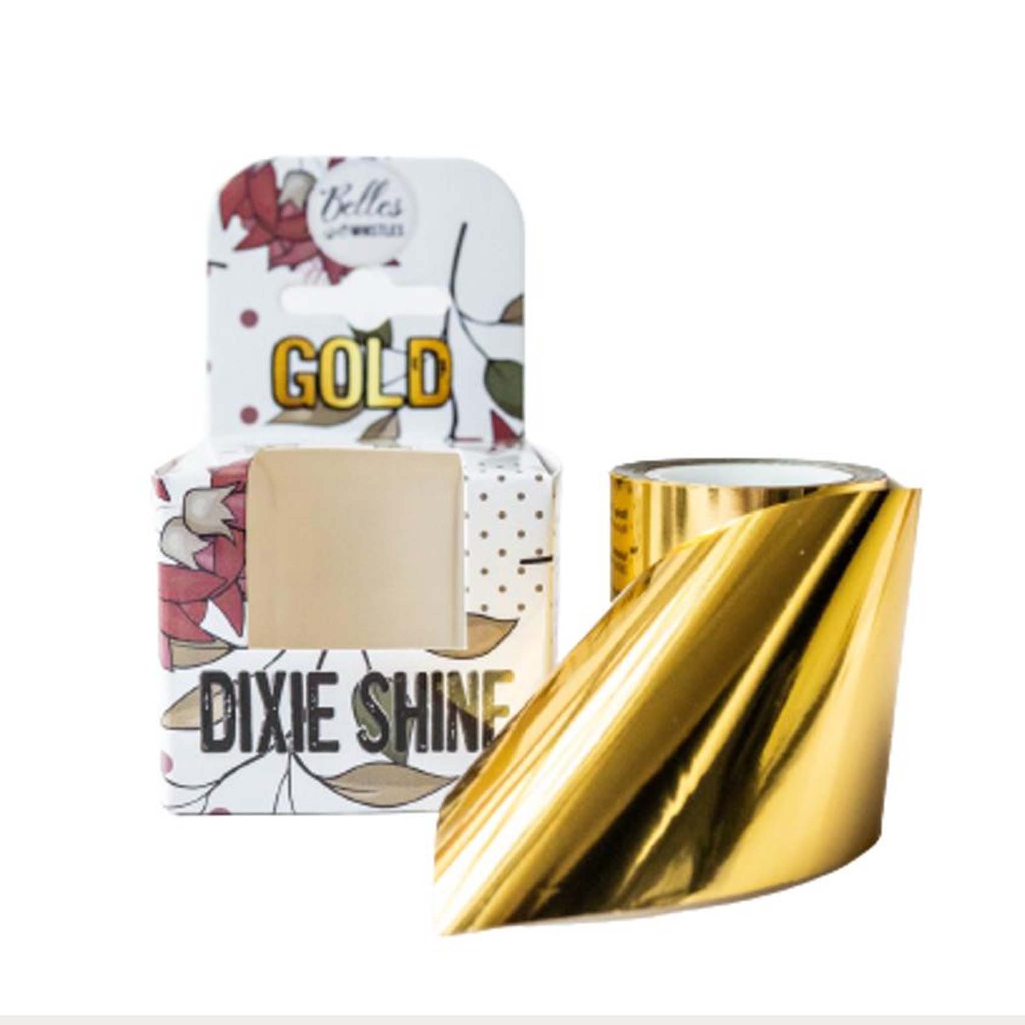 A package of Belles & Whistles Dixie Shine Gold is on a white background. The foil roll is displayed next to the package.