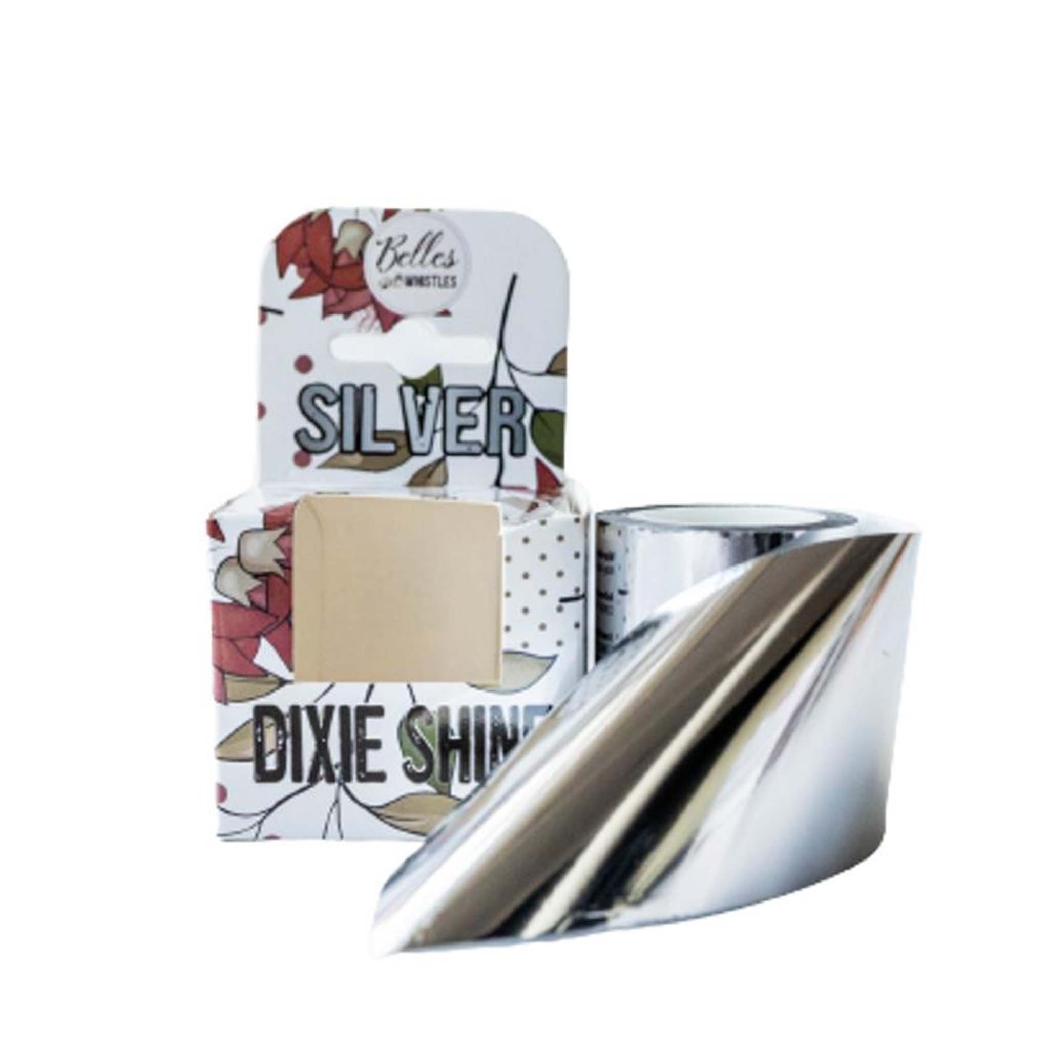 A package of Belles & Whistles Dixie Shine Silver is on a white background. The foil roll is displayed next to the package.