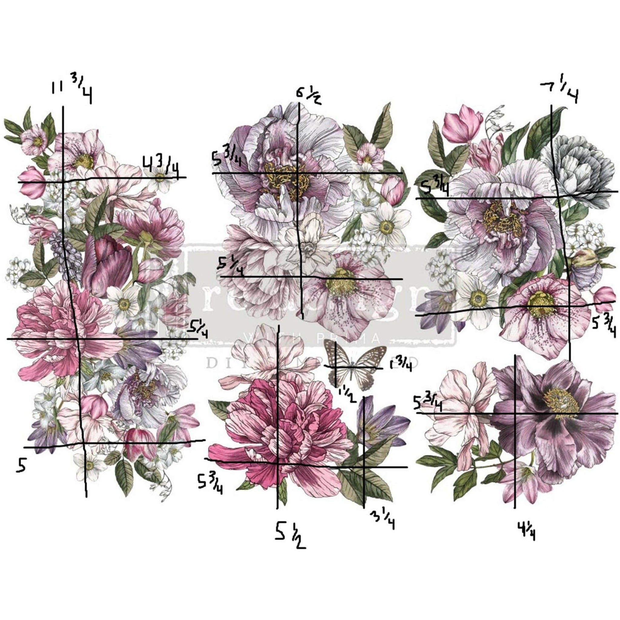 Five small rub-on transfers of pink and purple floral bouquets. Various measurements are on each design. The largest bouquet reads: 11.75" by 5.75"; the smallest reads: 5.75" by 4.25".