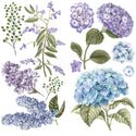Small rub-on transfers of blue and purple hydrangea flowers and leaves.