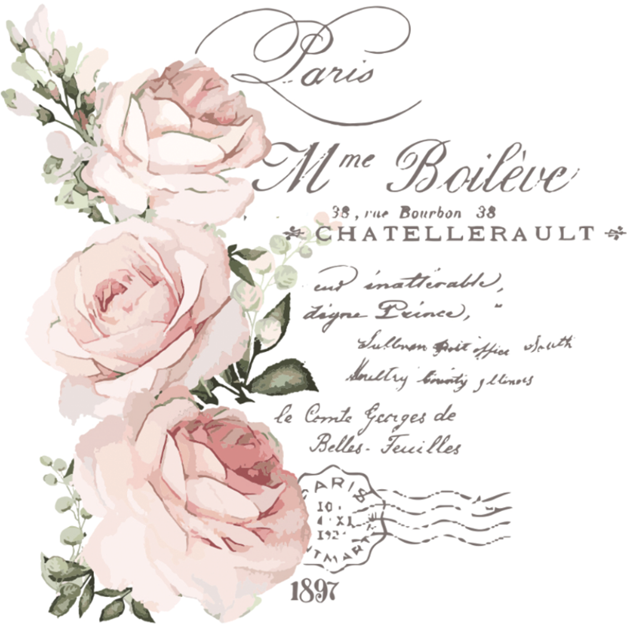 A rub-on transfer design of French postage with light pink roses is on a white background.