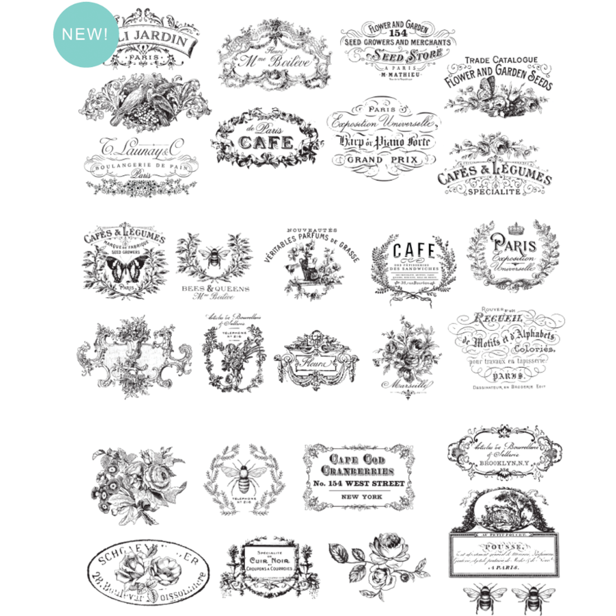 On a white background that has 26 different vintage labels, French and English that are in black.