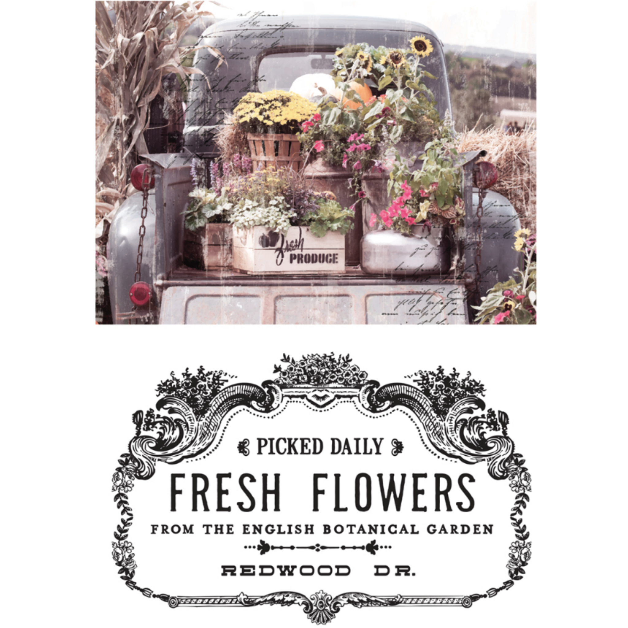 Two rub-on transfer designs. The design at the top features a bed of a vintage farm truck filled with bushels and crates of fresh picked flowers. The bottom design features a stamp of a farm sign that reads: Picked Daily. Fresh Flowers from the English Botanical Garden. Redwood Drive.