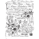 Rub-on transfer design that features a collage of monochromatic vintage French accounting ledgers, accompanied by buzzing bees and delicate flowers.