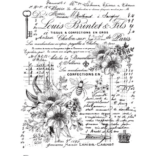 Rub-on transfer design that features a collage of monochromatic vintage French accounting ledgers, accompanied by buzzing bees and delicate flowers.