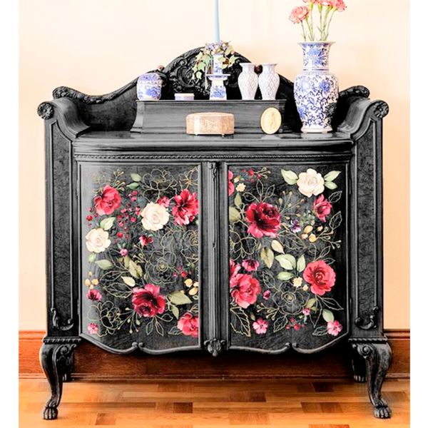 A black dresser with the Midnight Floral transfer on top.