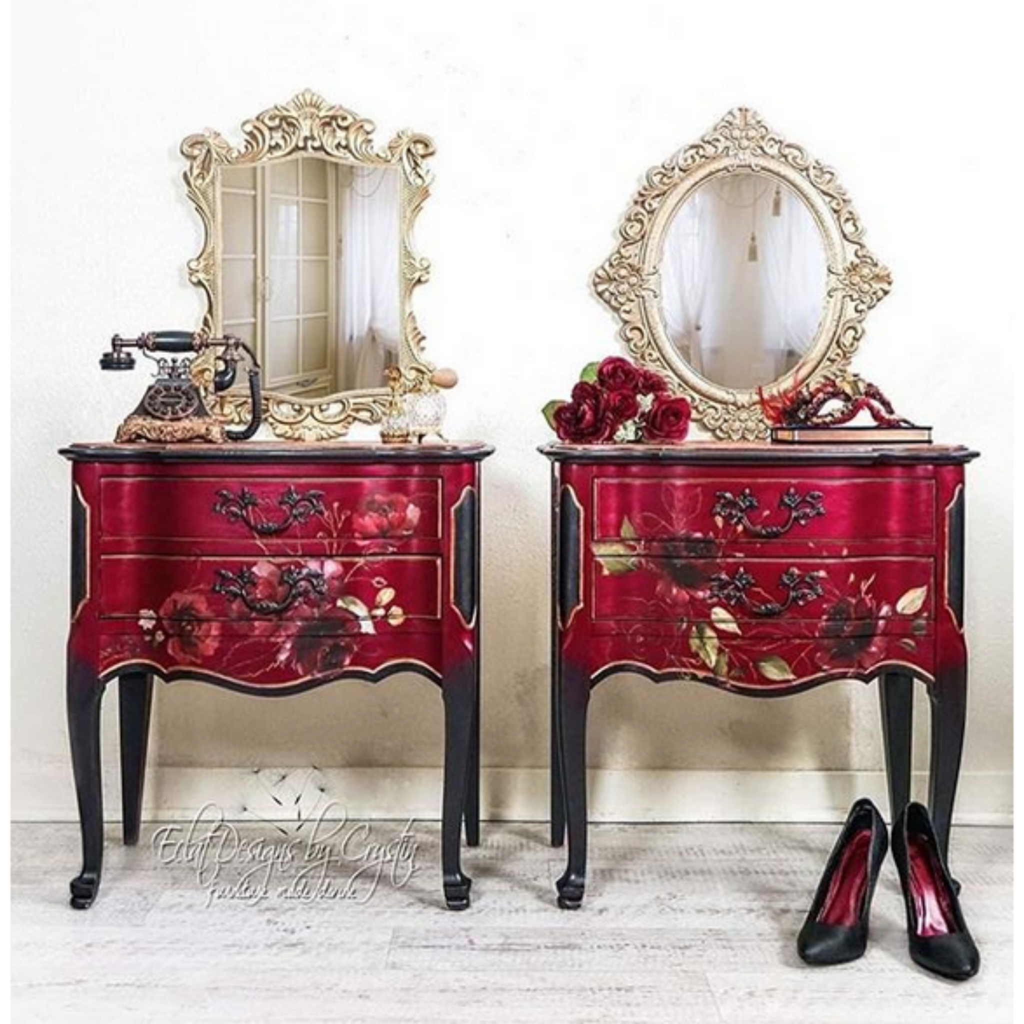 Two red vanities with the Midnight Floral transfer on top. A white Eclat Designs by Crystin logo on the bottom left.