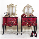 Two red vanities with the Midnight Floral transfer on top. A white Eclat Designs by Crystin logo on the bottom left.