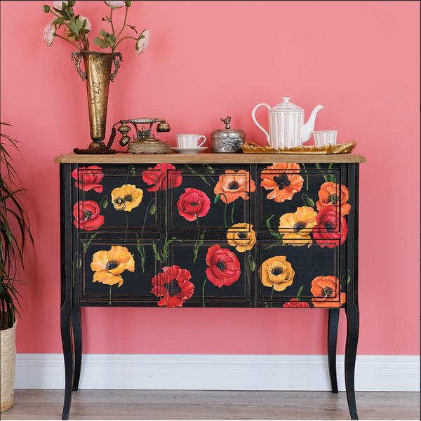A black console table features ReDesign with Prima's Poppy Garden transfer on the front of it.