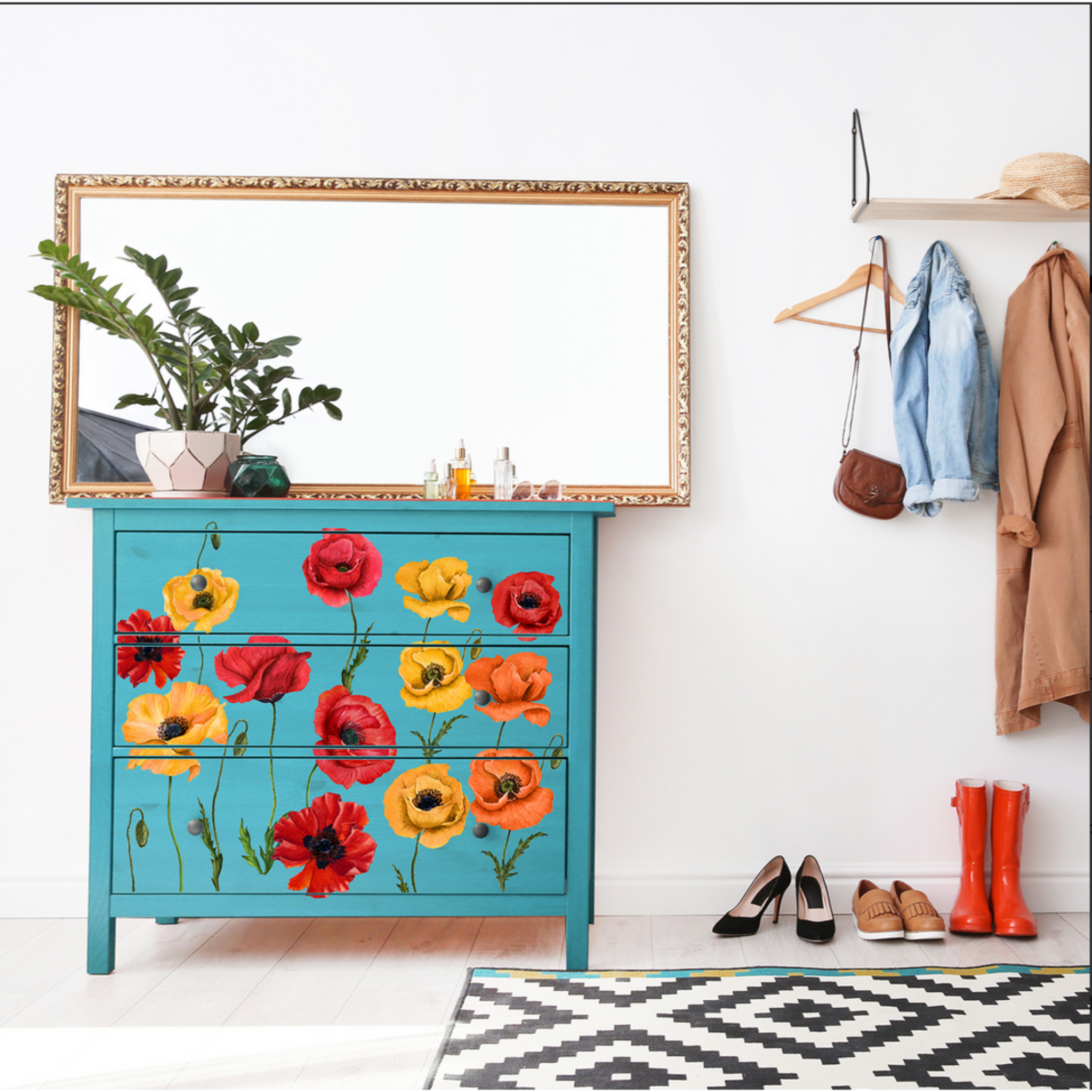 A sky blue dresser features ReDesign with Prima's Poppy Gardens transfer on its drawers.