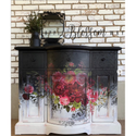 Black and white ombre dresser with the Royal Burgundy transfer on top. A black Blossom Way logo on the top right.