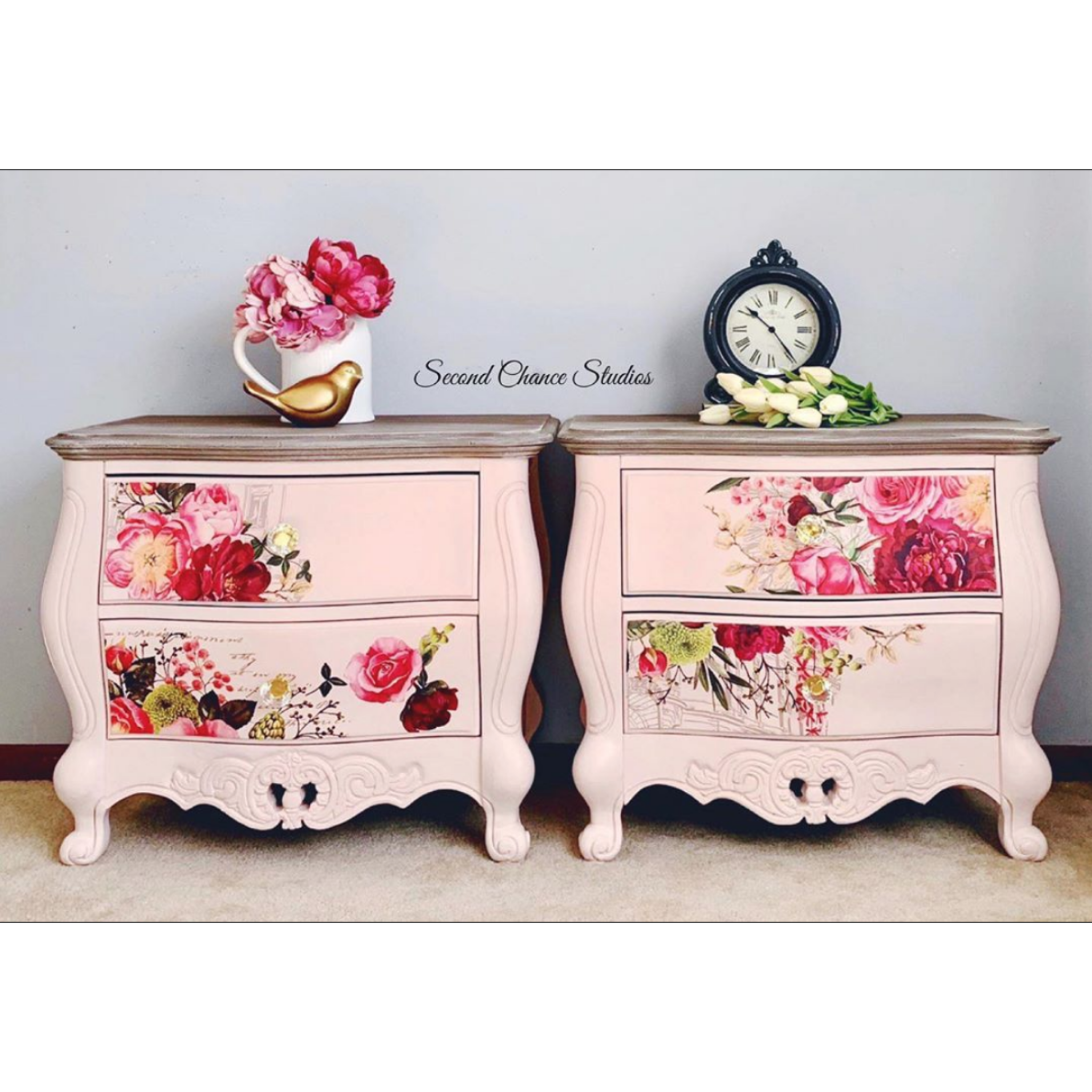 Two small pink dressers with the Royal Burgundy transfer on top. A black Second Chance Studios logo in the center.