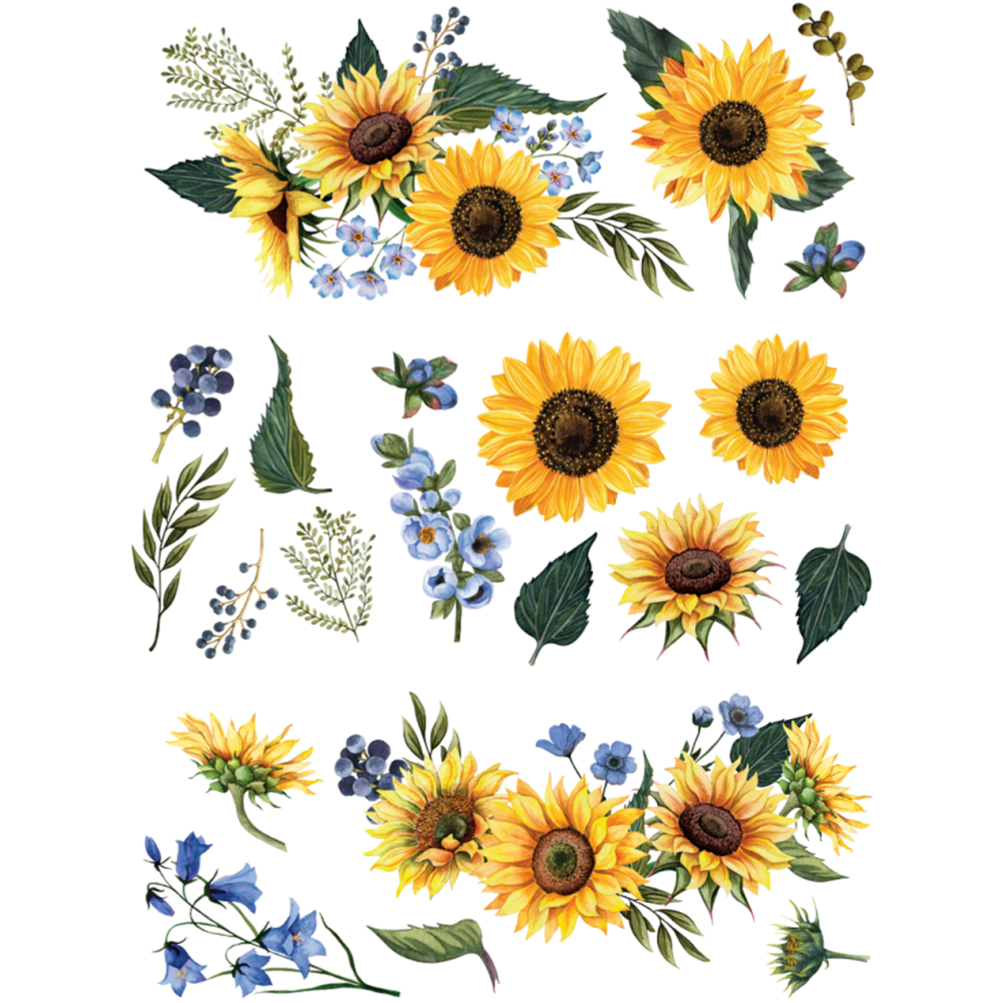 Sunflower Fields furniture decal by ReDesign with Prima. A design of 12 sunflower heads, extra greens and delicate blue blossoms.