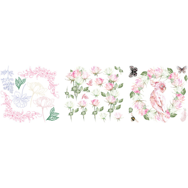 Three 12 x 12 inch rub-on transfers that feature lightly colored flowers, bouquets, and a pink cockatoo parrot bird in a pink floral wreath.