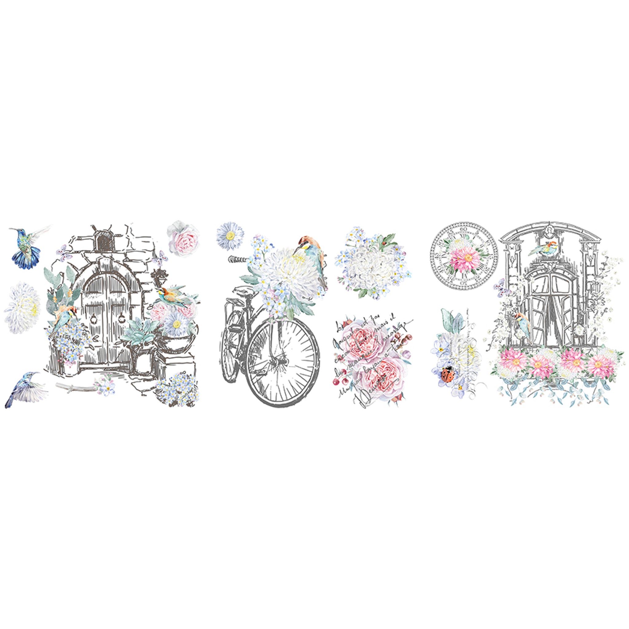 On a white background are three 12 x 12 inch sheets of small rub-on transfers that feature pink roses, a hand drawn bicycle, a window and a front door.