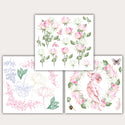 Three 12 x 12 inch rub-on transfers that feature lightly colored flowers, bouquets, and a pink cockatoo parrot bird in a pink floral wreath.