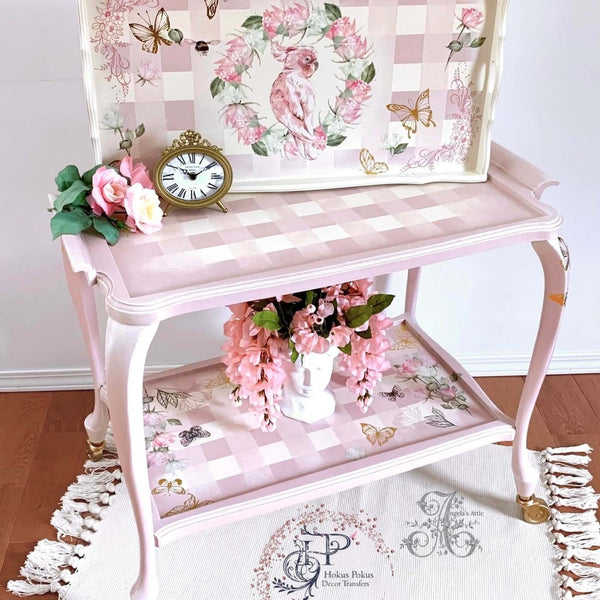 A vintage 2 shelf side table and wood drink tray refurbished by Angela's Attic are painted in soft pink and white plaid and features the Hokus Pokus Floral Dreams small furniture transfer.