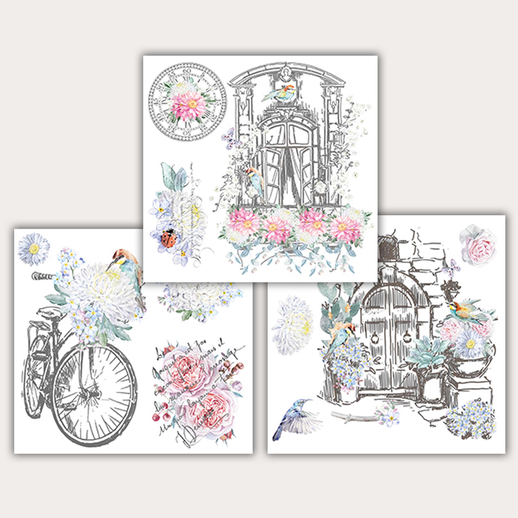 On a light beige background are three 12 x 12 inch sheets of small rub-on transfers that feature pink roses, a hand drawn bicycle, a window and a front door.