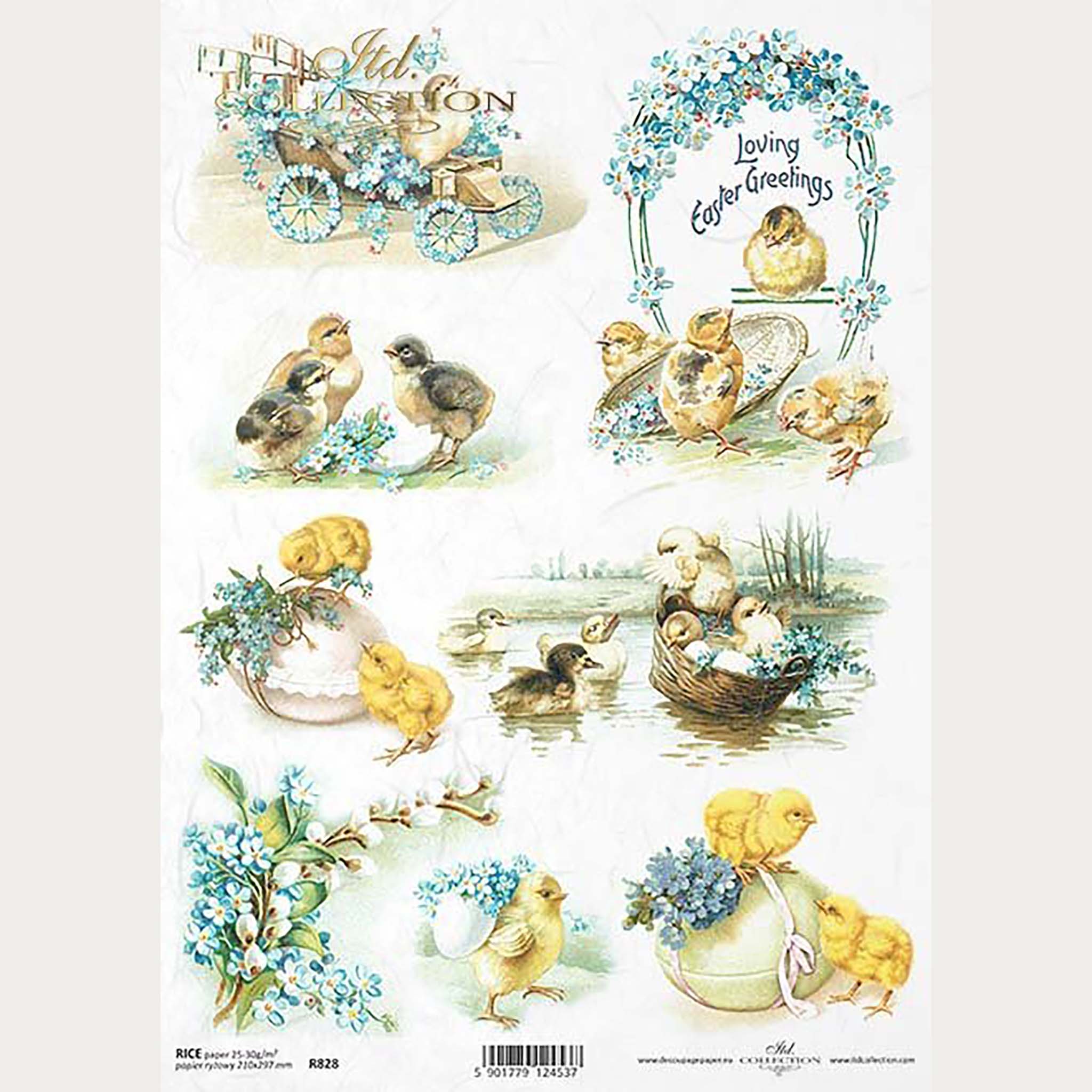 A4 rice paper designs that feature baby chicks, eggs, and bouquets of blue flowers on a carriage, wrapped around the eggs, and in an arch.