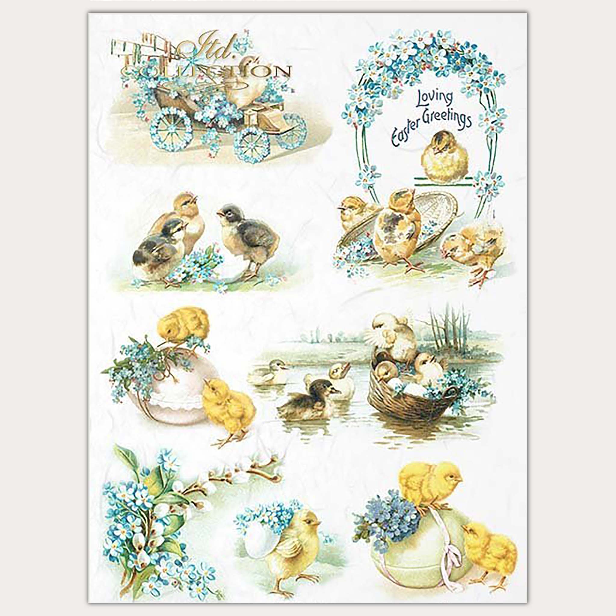 A4 rice paper designs that feature baby chicks, eggs, and bouquets of blue flowers on a carriage, wrapped around the eggs, and in an arch.