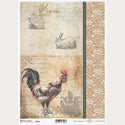 A4 rice paper design of vintage parchment that features a rooster on the lower half and ducks and a rabbit on the top half. On the right side of the design is a border with a repeating white floral design.