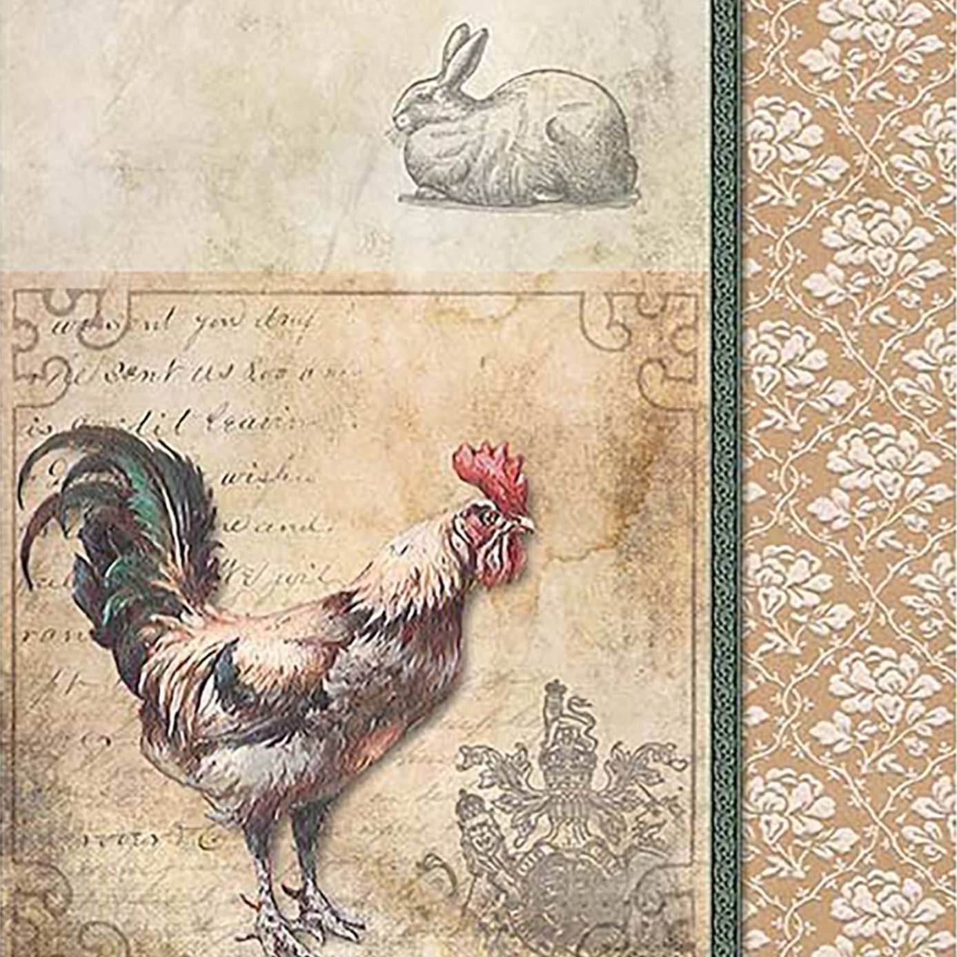 Close-up of a rice paper design of vintage parchment that features a rooster on the lower half and ducks and a rabbit on the top half. On the right side of the design is a border with a repeating white floral design.