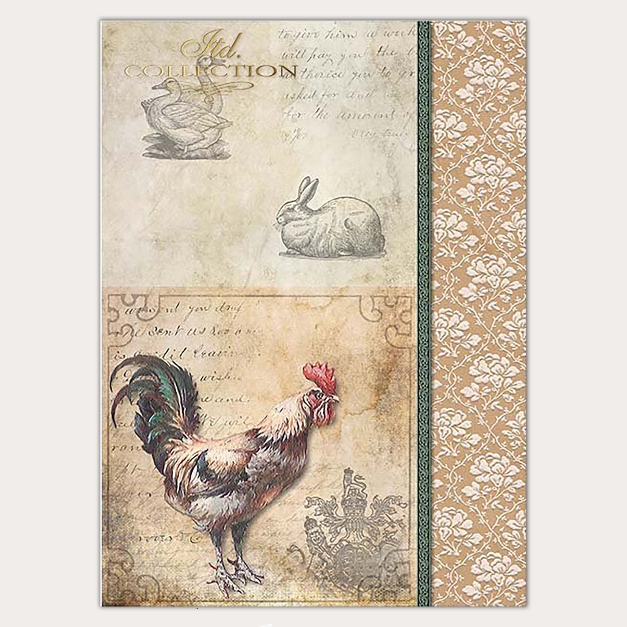 A4 rice paper design of vintage parchment that features a rooster on the lower half and ducks and a rabbit on the top half. On the right side of the design is a border with a repeating white floral design.