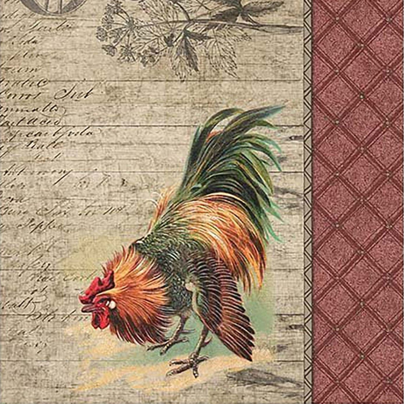 Close-up of a rice paper design that features a rooster against a wood background that says: A Happy Easter. On the right side of the design is a repeating red diamond pattern.