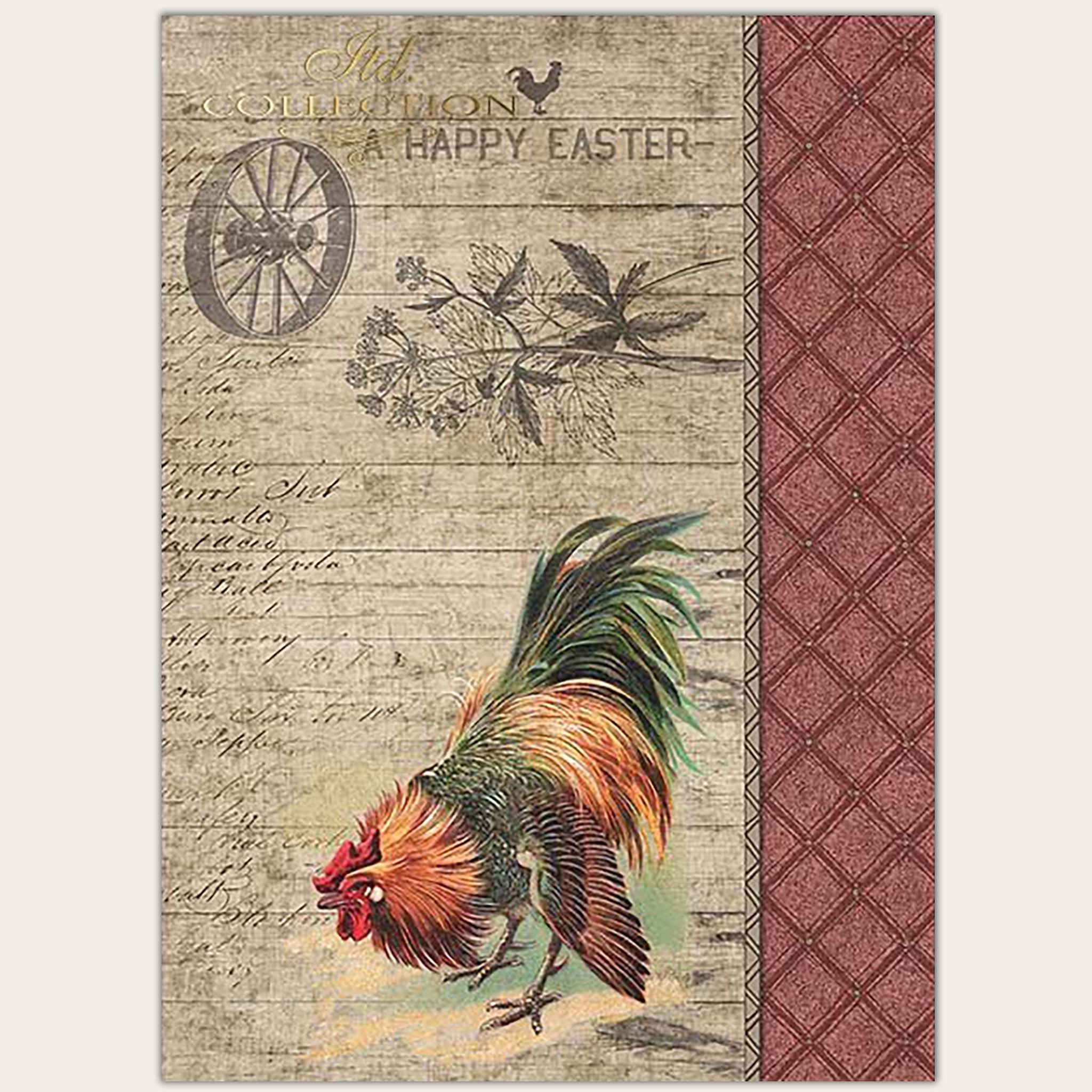 A4 rice paper design that features a rooster against a wood background that says: A Happy Easter. On the right side of the design is a repeating red diamond pattern.