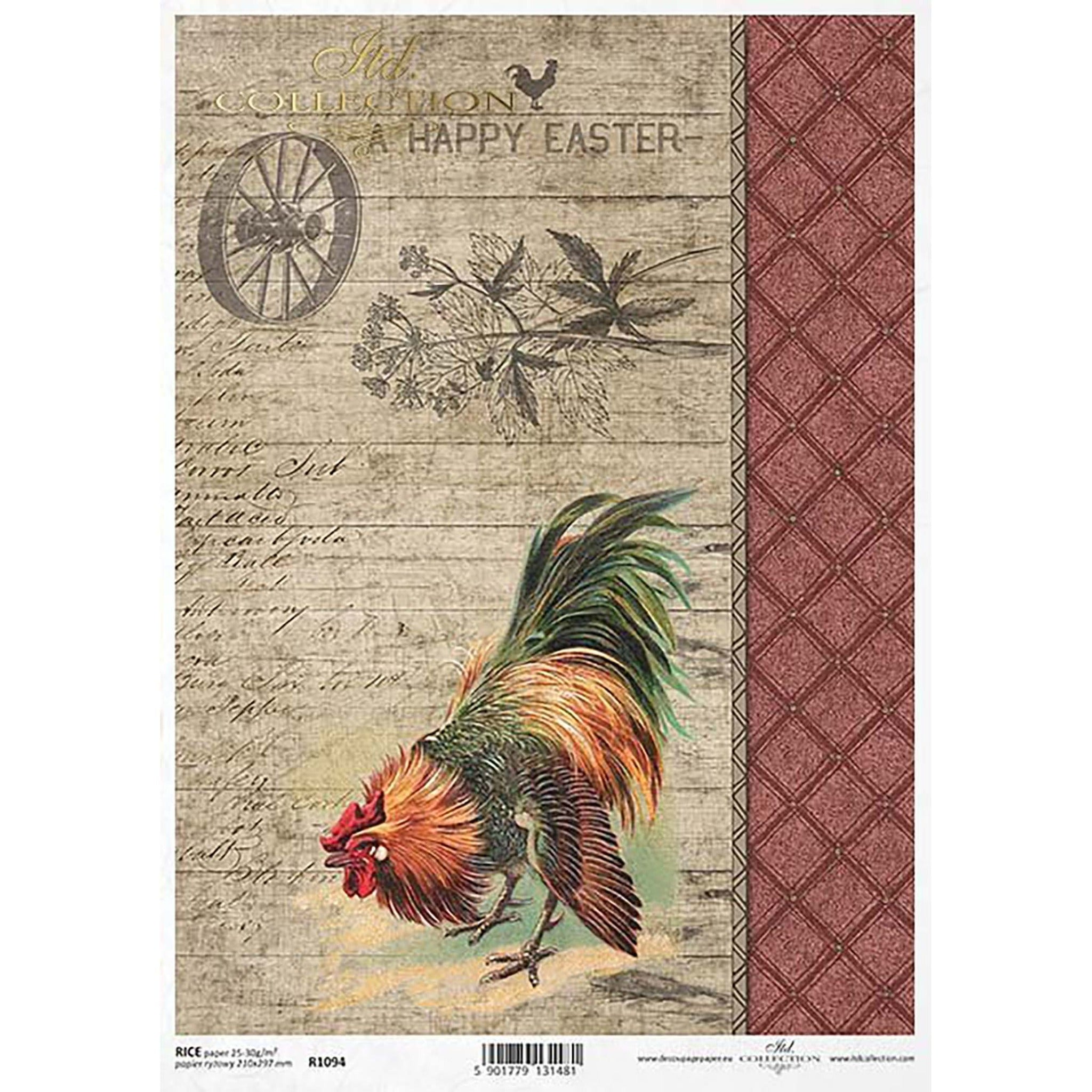 A4 rice paper design that features a rooster against a wood background that says: A Happy Easter. On the right side of the design is a repeating red diamond pattern.