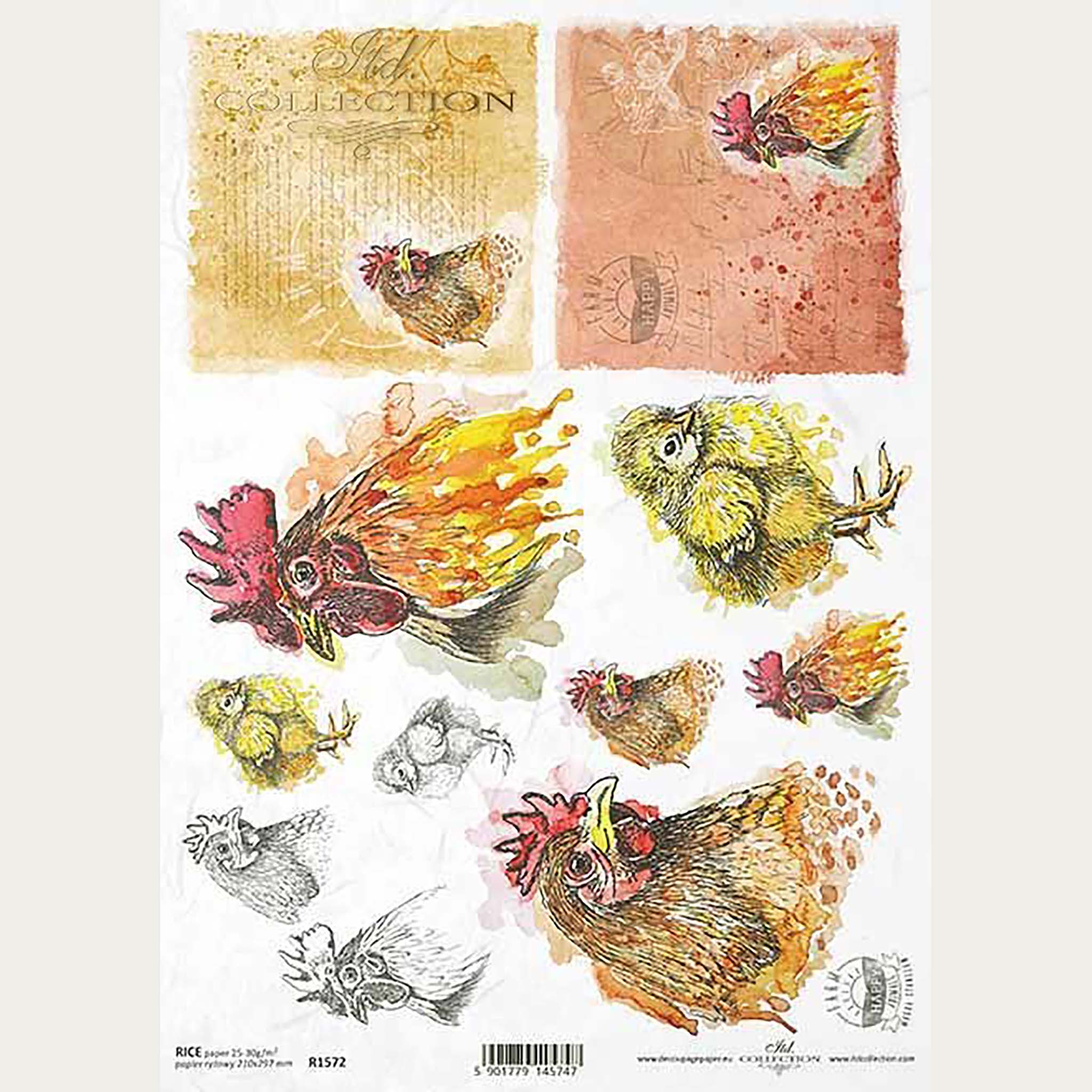 A4 rice paper designs that feature portraits of roosters and chicks.