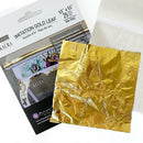 Flat 5.5" by 5.5" package of Redesign with Prima's by Kacha 25 sheets of Imitation Gold Leaf. A sample of one full sheet of gold foil sits on the package.