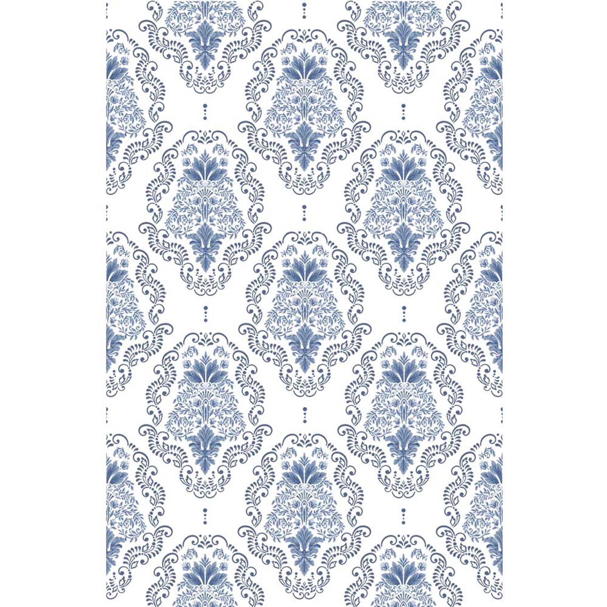Rub-on transfer of a delicate blue damask design.