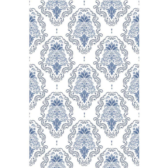 Rub-on transfer of a delicate blue damask design.