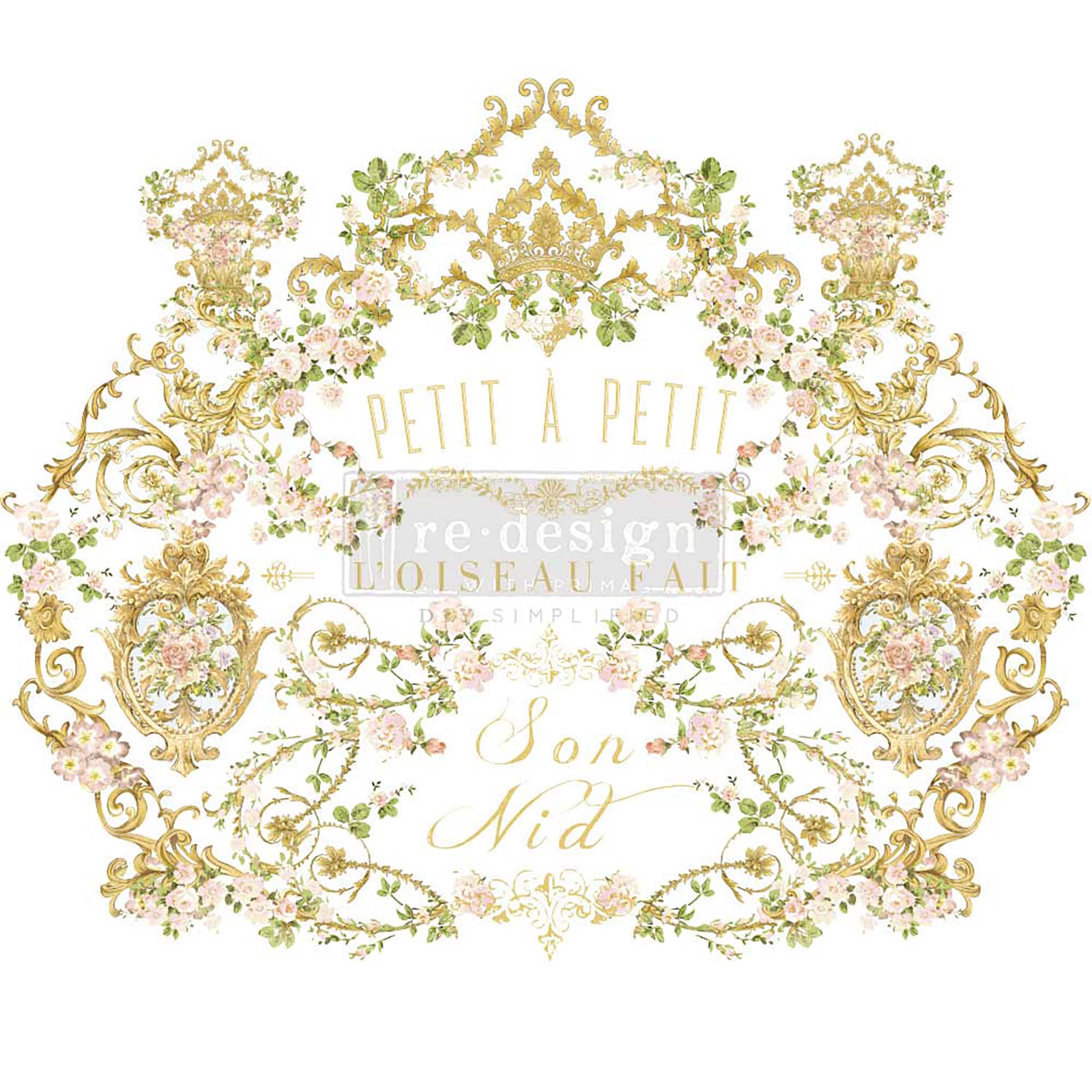 Rub-on transfer design of a delicate French gold and green vintage royal sign.