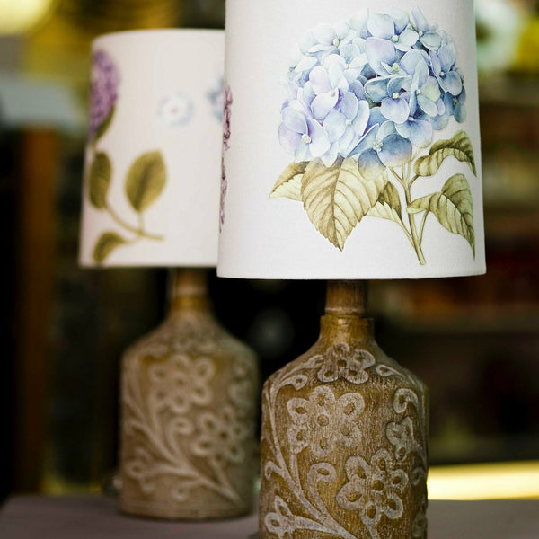 Two lamps with the Mystic Hydrangea transfer on the lamp shades.