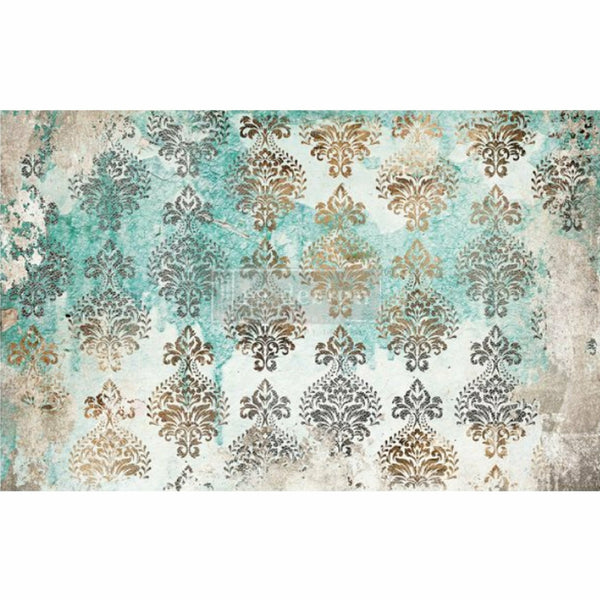 Colorful blue and gold Patina Flourish decoupage tissue paper design. A transparent Redesign logo on top. White borders on the sides.