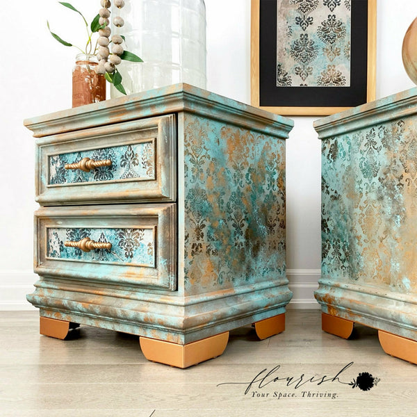 Two small dressers with the Patina Flourish tissue paper on top. A black Flourish Your space. Thriving. logo on the bottom right.