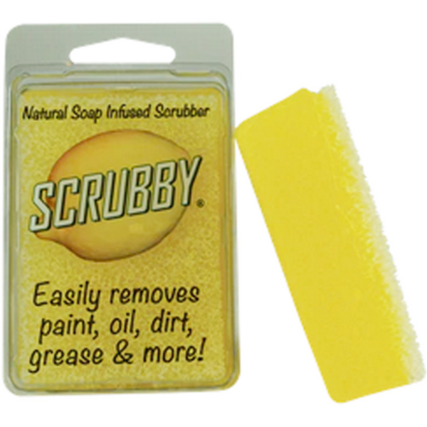 Lemon scrubby soap on a white background. It reads Natural soap infused scrubber. Easily removes paint, oil, dirt, grease & more!