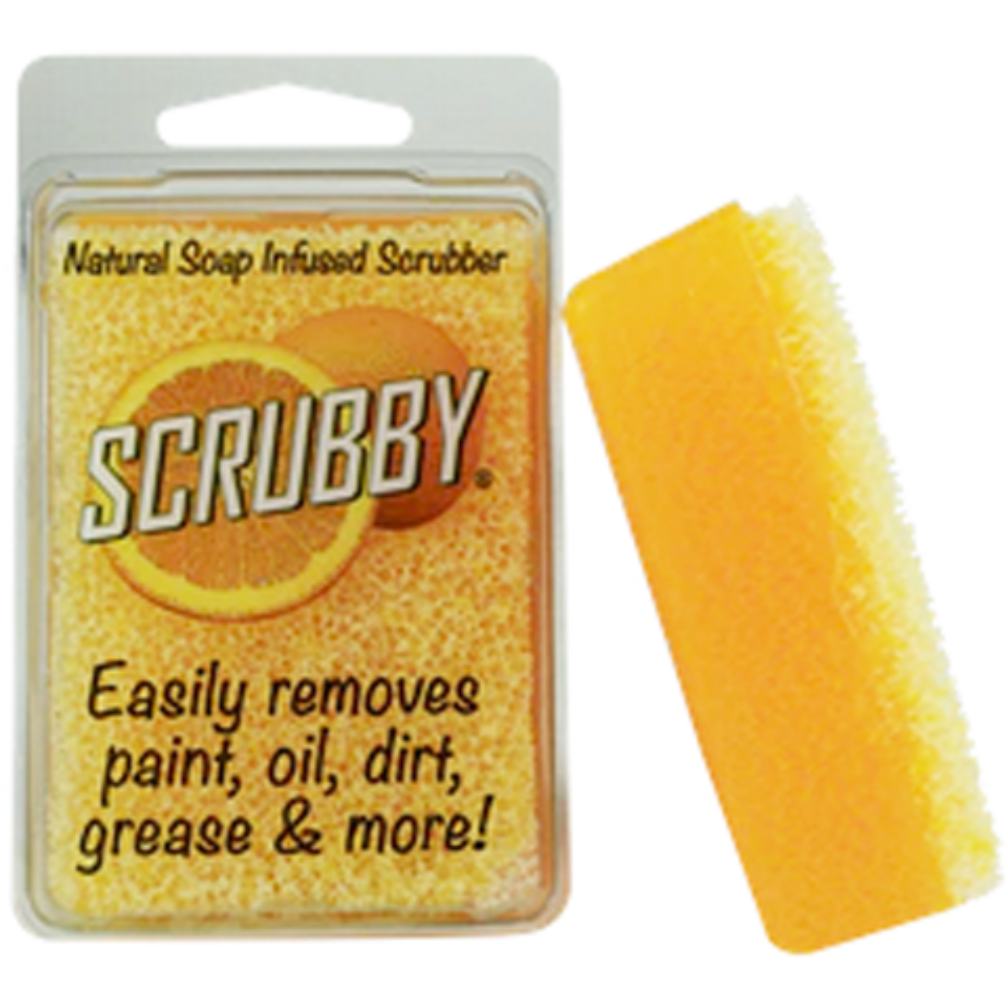 Orange scrubby soap on a white background. It reads Natural soap infused scrubber. Easily removes paint, oil, dirt, grease & more!
