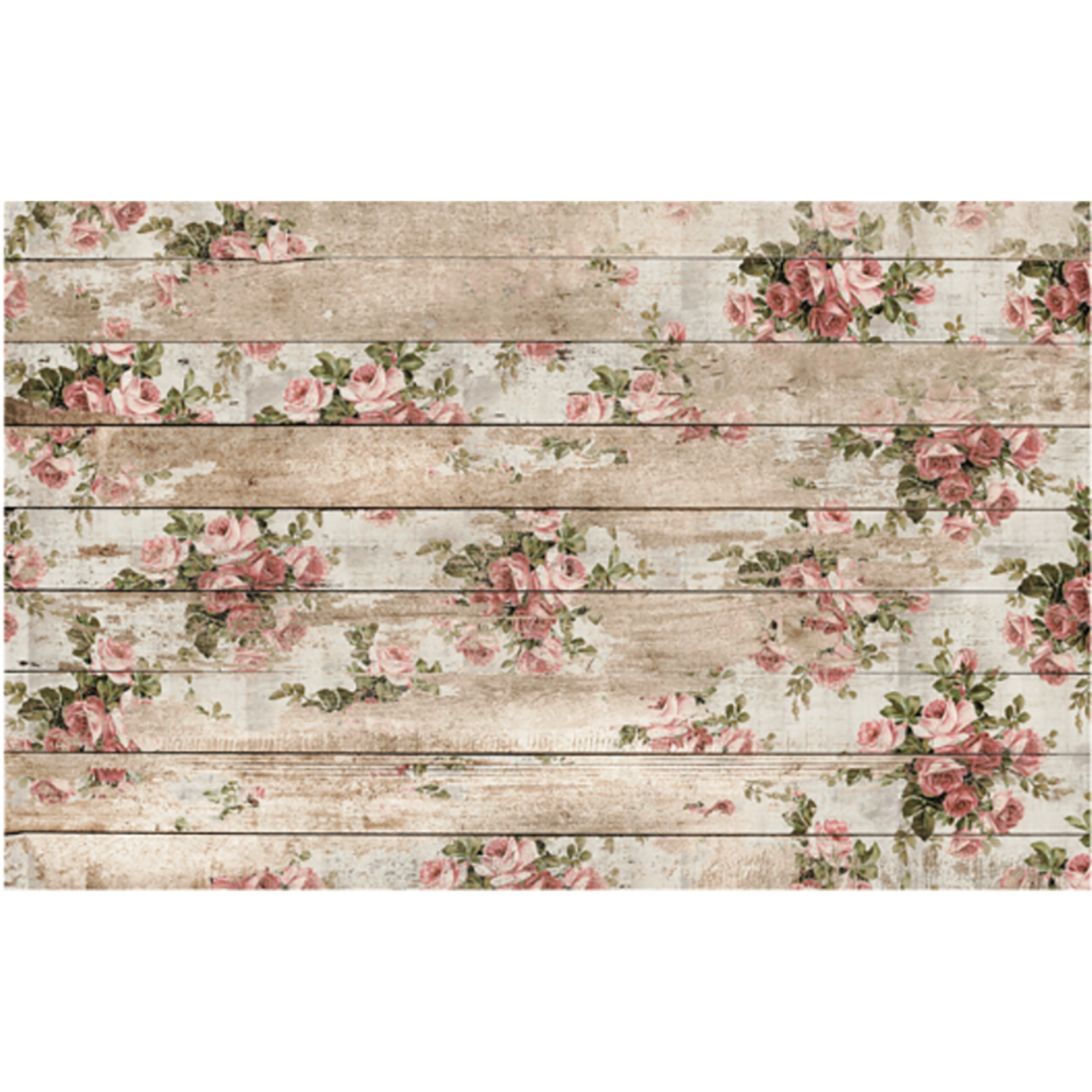 Small clusters of light pink/coral roses on a weathered boarded background. Very shabby chic.