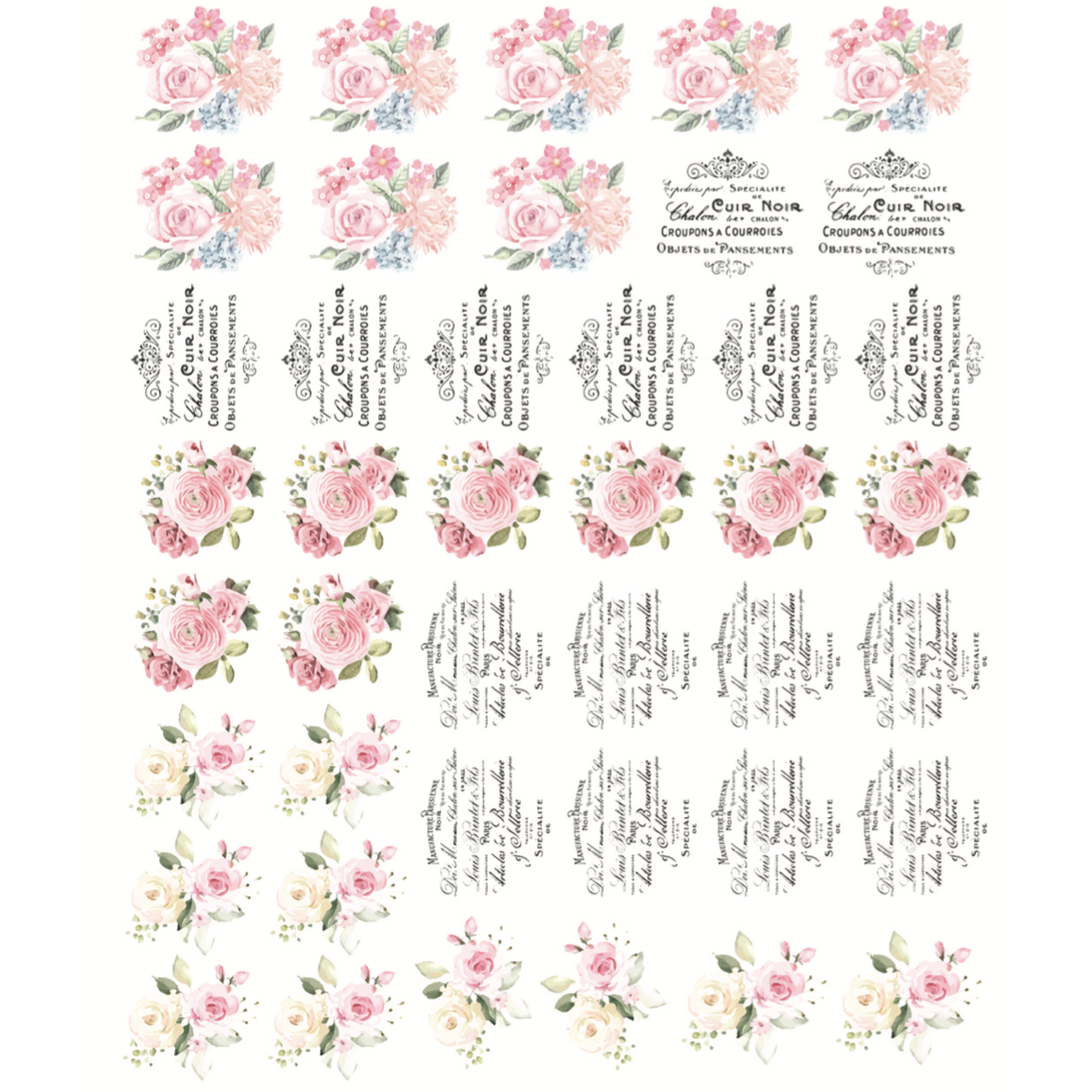 Rub-on knob transfers of script writing, and different pink rose bouquets..