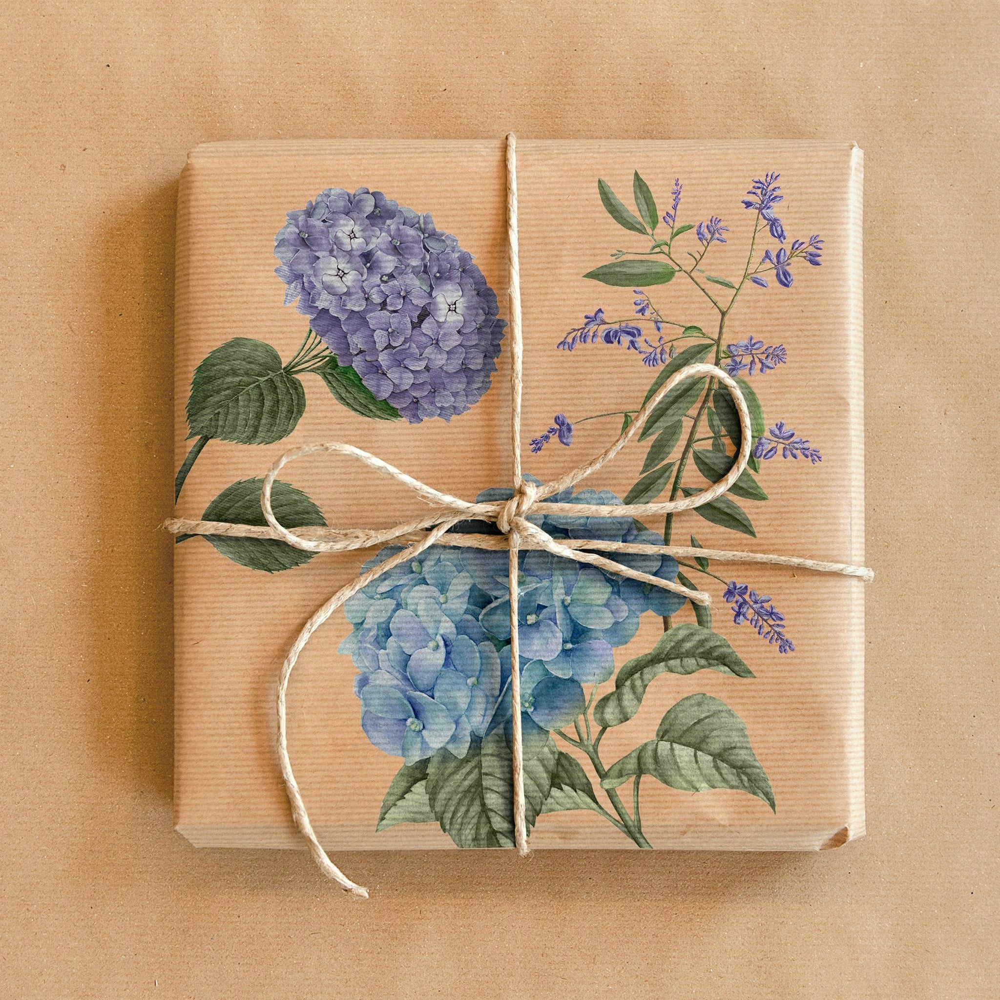 Wrapped present with the Mystic Hydrangea on transfer on top.