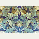 A2 rice paper design that features a fabric design of large green and gold foliage against a dark blue background. Soft white borders on the top and bottom.