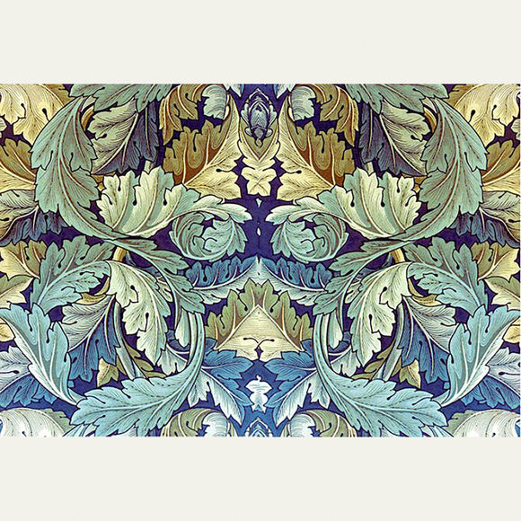 A2 rice paper design that features a fabric design of large green and gold foliage against a dark blue background. Soft white borders on the top and bottom.