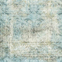 A3 rice decoupage paper of a faded light blue and cream colored fabric that has a worn damask scroll design and script writing.