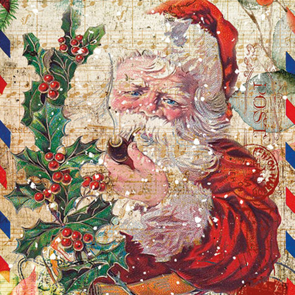 Distressed A4 rice paper design of Santa and Christmas holly on a faded music sheet background.